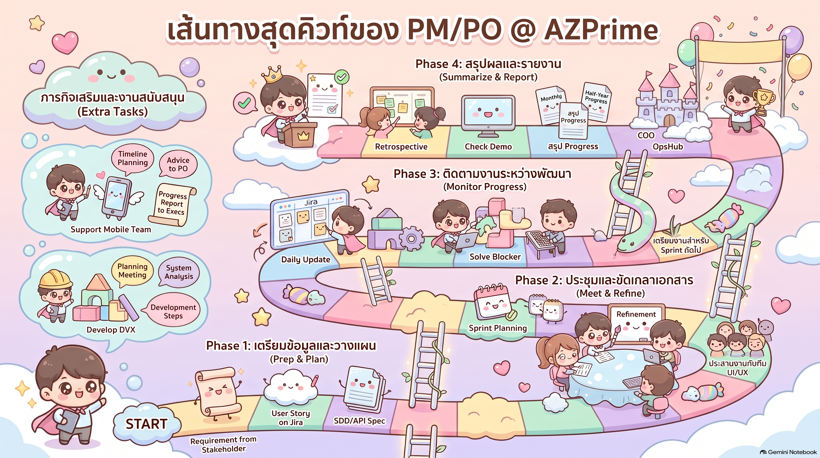 อินโฟกราฟิกเส้นทางการทำงานของ PM/PO ที่ AZPrime แบ่งเป็น 4 เฟสพร้อมงานสนับสนุน